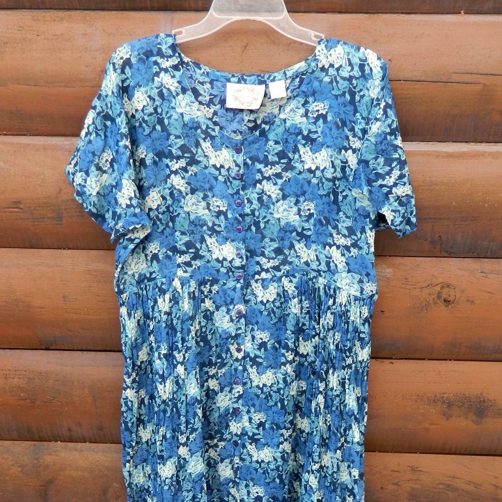 Vintage 90's Erika Size L Blue White Floral Scoop Neck Farm Prairie Sundress